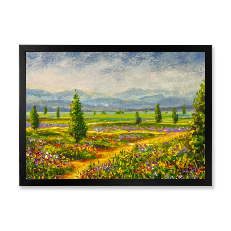 «Country Road Through The Blossoming Meadows», reproduction sur toile flottante, H 16 po x l 32 po x P 1 po, Cadre noir