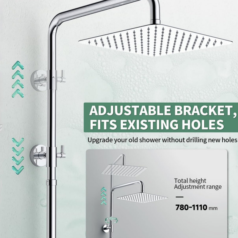 Chrome Shower Riser Rail Kit with 25 cm Square Overhead Shower and Brass Diverter