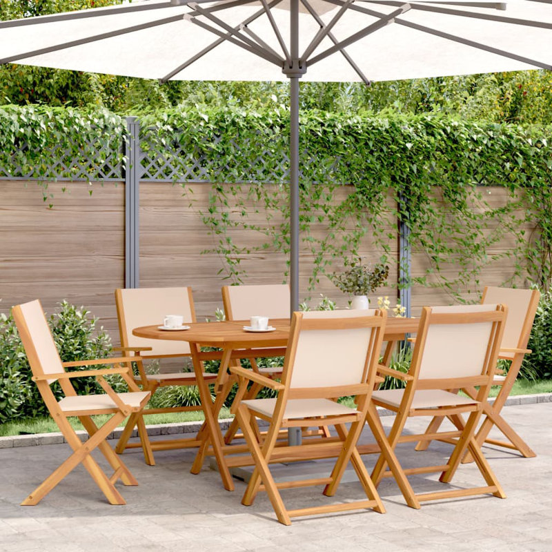 7 Piece Garden Dining Set White Fabric And Solid Wood, Beige