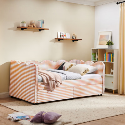 Size Gingham Daybed with Two Storage Drawers, Linen Fabric Sofa Bed, USB Port, Adorable Wave Arms,