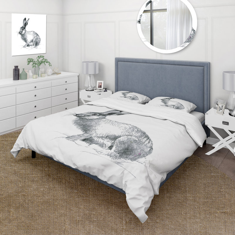 Portrait monochrome de lapin - ensemble de housse de couette Farmhouse - microfibre de polyester
