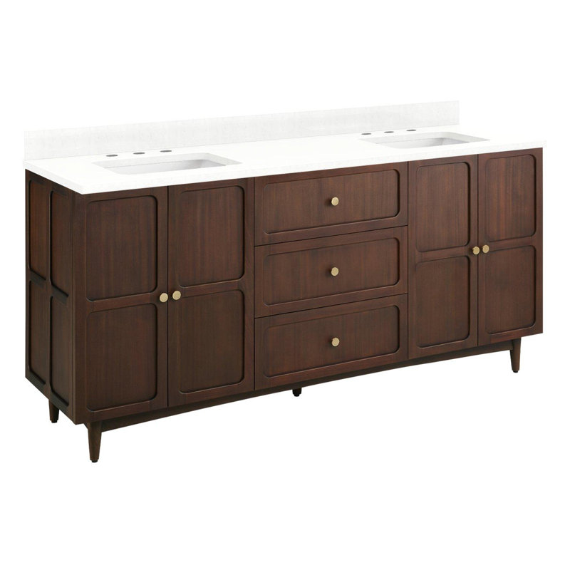 72" Delavan Vanity With Rectangular Undermount Sinks, Feathered White Quartz, 8" Widespread, 72"