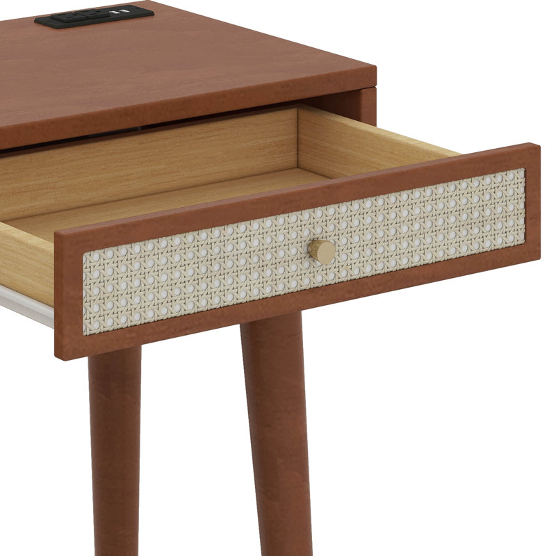 Ensemble coiffeuse en bois de style rétro avec prise de recharge, ports USB et tabouret rembourré, Noyer
