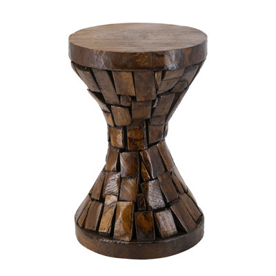11.8x11.8x18.1 Inches Brown Wood Table, , For Living Room Side Table With Textured Mosaic, Inches, Smooth Round Top, Bohemian