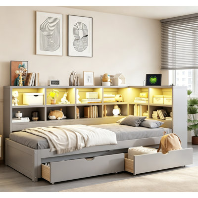 Twin XL To King Size Daybed With Storage Drawers, LED Lights, And USB Charging Ports, Gray