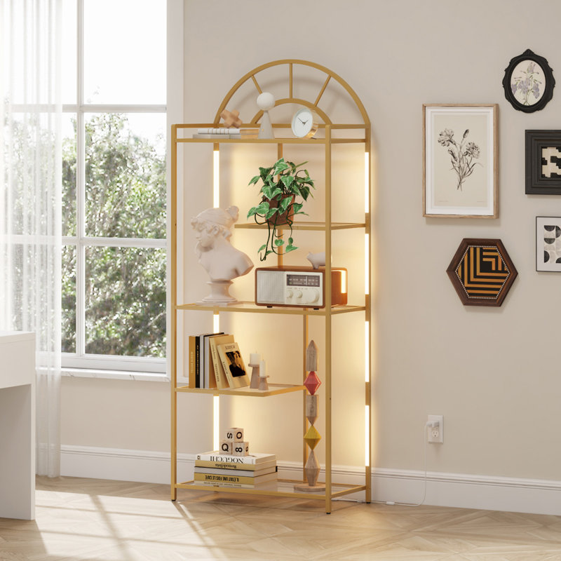 Arched Geometric Led Display Shelf With Adjustable Colour Temperature And Brightness Control, Etagere Bookshelf With Metal Frame And Glass Shelf For Living Room, Bedroom, Curio Cabinet, Gold