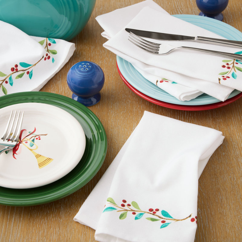 FIESTA Holly Sprig Holiday Border Napkins 4-Pack Set, White/Red/Green