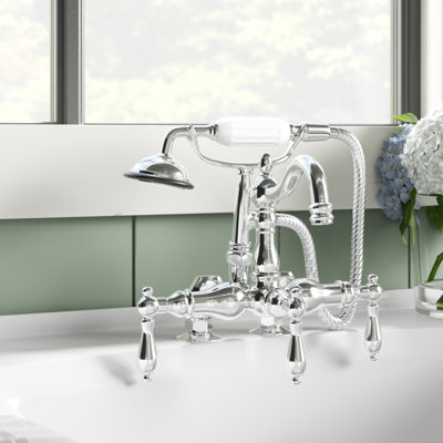 Vintage Triple Handle Deck Mounted Clawfoot Tub Faucet Trim with Handshower