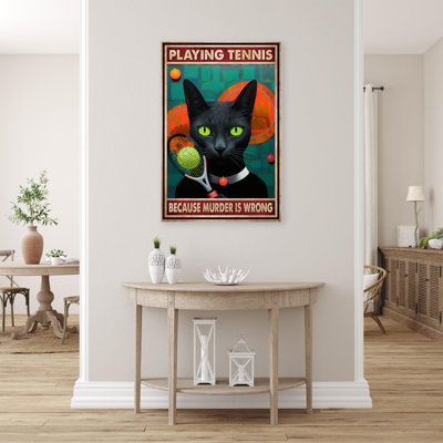 Chat noir jouant au tennis sur toile