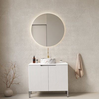 TURIO 30" Bathroom Vanity With Sink, Freestanding Bathroom Storage Cabinet With 2 Doors, White Round Ceramic Basin With Stone Pattern And Carrara White Counter Top, No Faucet, White Color