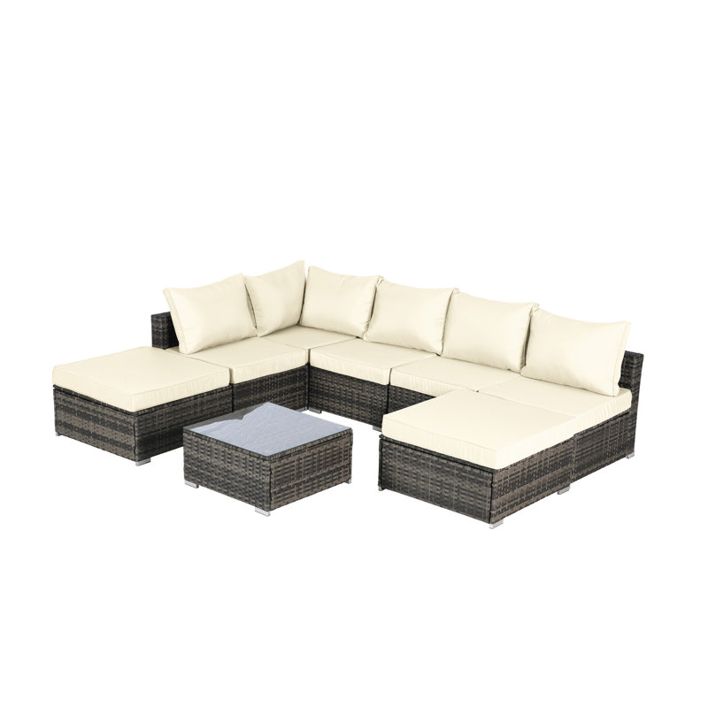 8 Pieces Outdoor Patio Sectional Sofa Couch,Wicker Furniture Conversation Sets with Washable Cushions & Glass Coffee Table for Garden, Poolside, Backyard