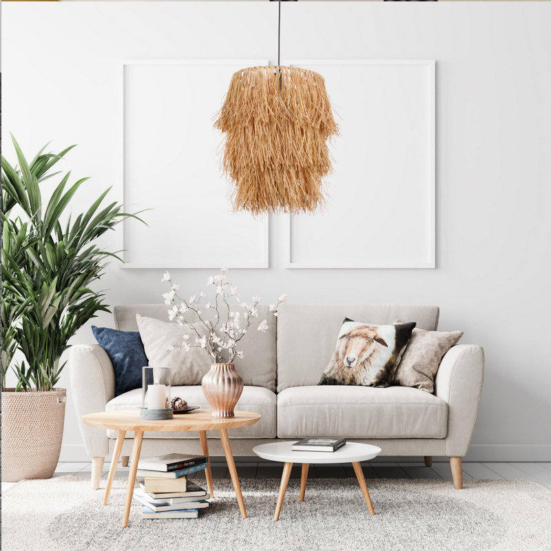 Rustic Chandelier with Raffia Cap, Adjustable Height 45.3 in | Metal Body, Cap Diameter 11.8 in | E27 Socket, Max 40W | Natural Color, Perfect for Cabin/Lodge Decor | Elegant Lighting for Cozy Spaces