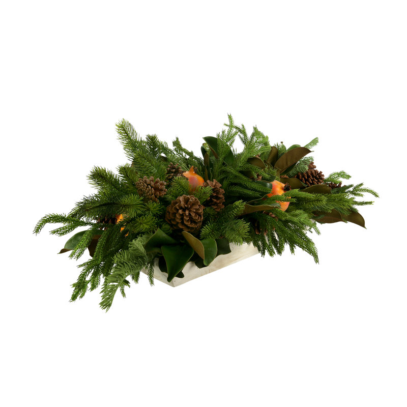 Holiday Arrangement with Evergreens, Pinecones and Pomegranates