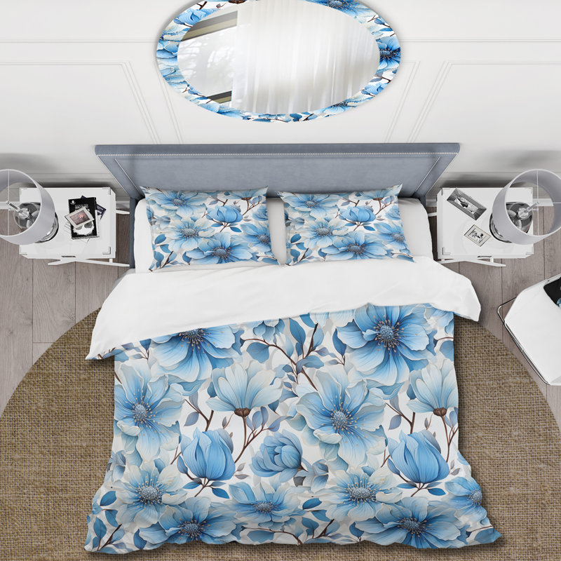 Ensemble de housse de couette motif floral bleu et blanc Dream II, Housse de couette simple + 1 taie décorative stan