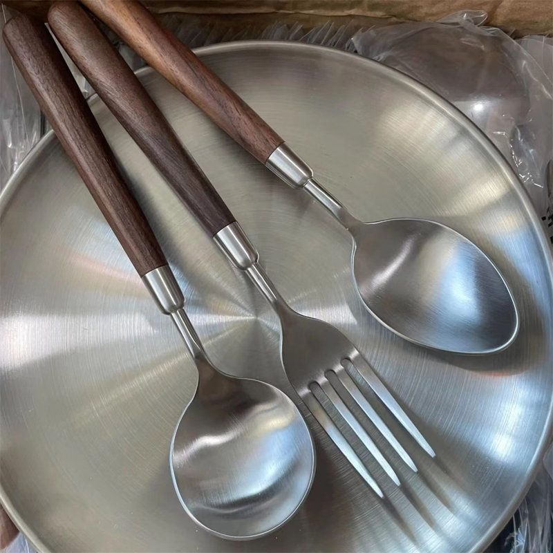 Stainless Steel Flatware Set With Walnut Wood-Inspired Handles - Knives, Forks, Spoons For Dining