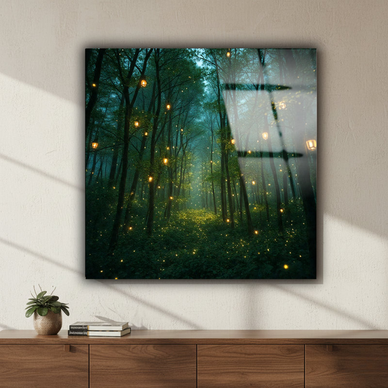 Fireflies Night Forest Enchanted Woodland Glass Art, décoration murale pour le salon ou la chambre à coucher