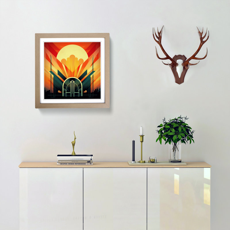 Sunrise Art Deco No.14 - Single Picture Frame Print on Wood, Oak