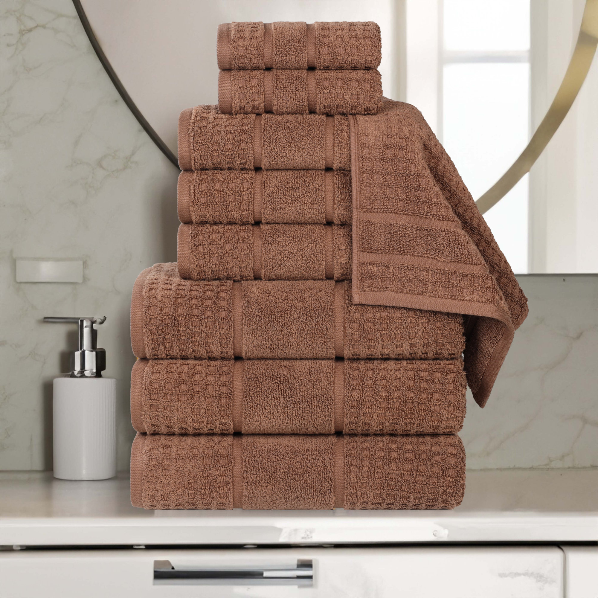 Hisela Zero Twist Cotton Solid Waffle Honeycomb Plush Soft Absorbent Medium Weight Assorted Towel Set, Chocolate