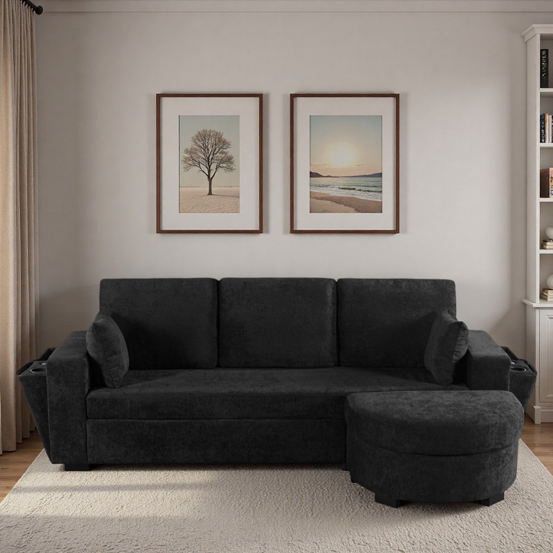 Canapé modulaire avec repose-pieds, espace de rangement caché, ports de chargement USB et porte-gobelets, Black Chenille