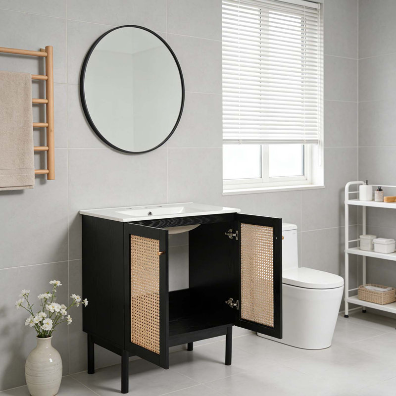 Meuble-lavabo de 30 pouces avec portes en bambou tissé à la main, Noir