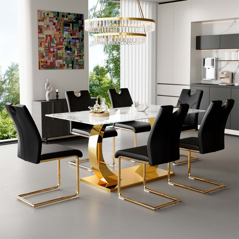 Ensemble de table de salle à manger et de chaises en verre pressé à motif de marbre avec base transformable et chaises ergonomiques, idéal pour les maisons modernes et minimalistes