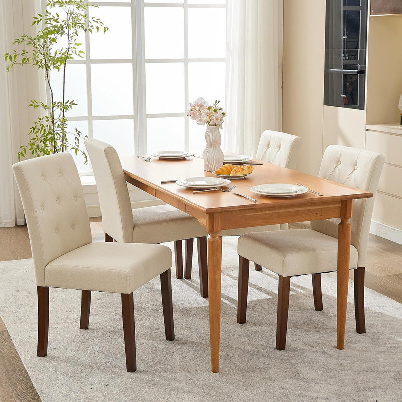 Set of 4/6 Upholstered Dining Chairs, Tufted Parsons Kitchen Chair with Wood Legs for Dining Room & Restaurant, 4, Beige