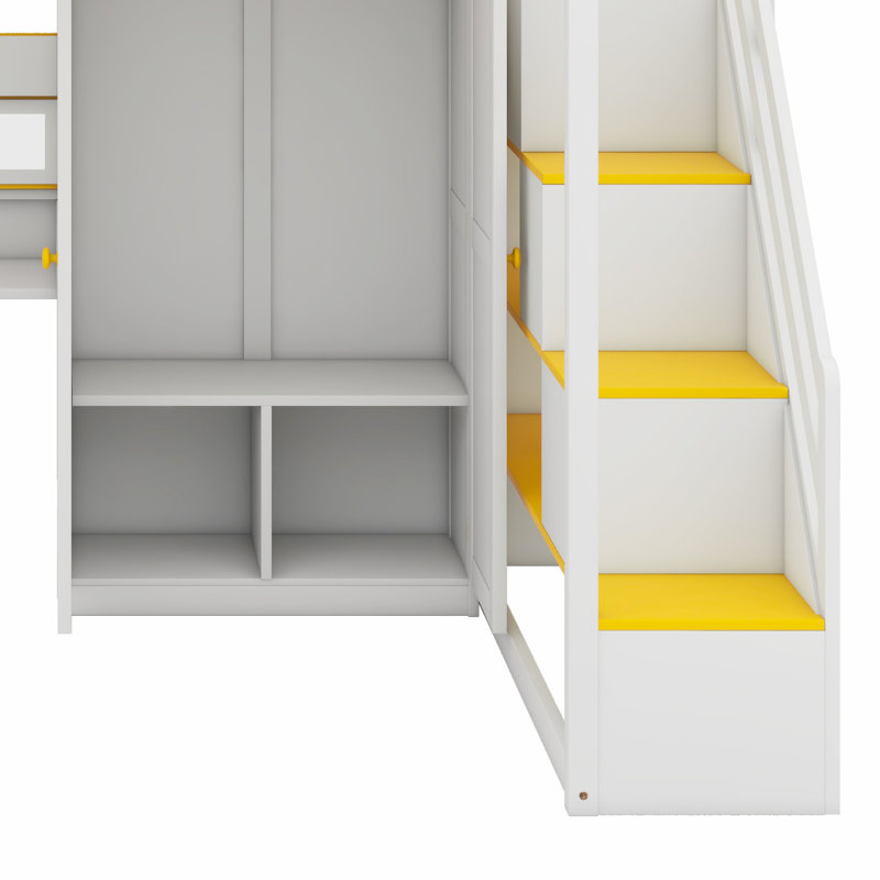 Lit mezzanine tout-en-un avec escalier de rangement, coiffeuse avec miroir, armoire, ports USB et lumières, Blanc / jaune