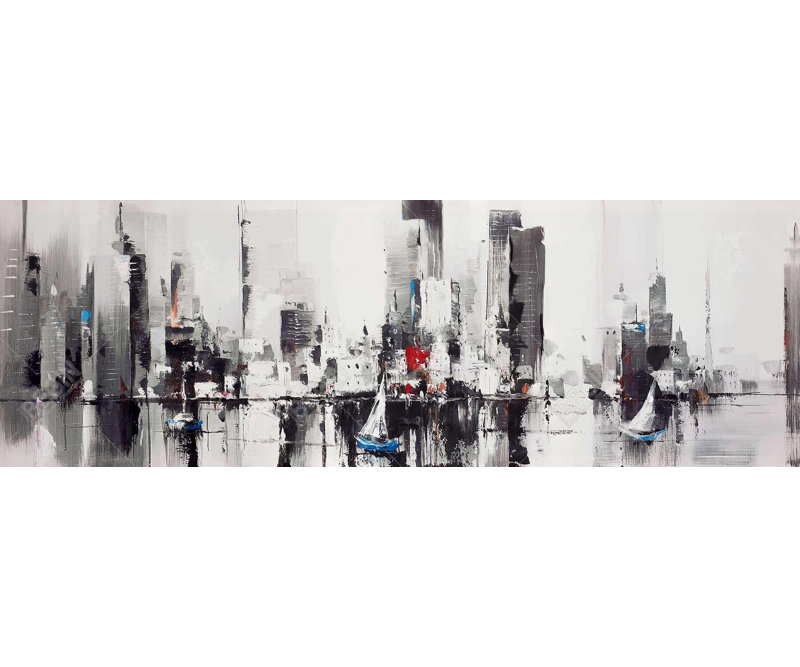 Toile abstraite, paysage urbain, toile encadrée industrielle grise, H 17,25 po x l 49,25 po