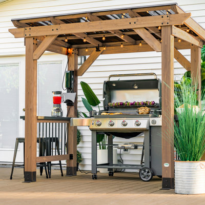 Backyard Discovery Saxony 8' x 5' Cedar Wood Outdoor BBQ Grill Gazebo with Hardtop Galvanized Steel Roof and Bar Tops