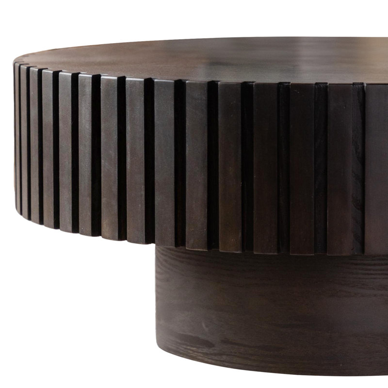 31.5'' Modern Round Wooden Olive-shaped Coffee Table with Solid Wood Fluted Design for living room, Brown
