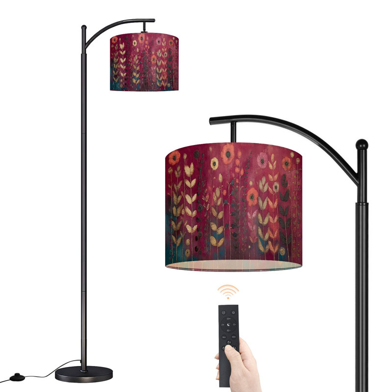 Arc Floor Lamp with Adjustable Lampshade Red Floral Burgundy Leaf Vintage Boho Flower Colorful Standing Lamp 3 Color Temperatures Dimmable Tall Pole Lamp with Foot Switch for Bedroom