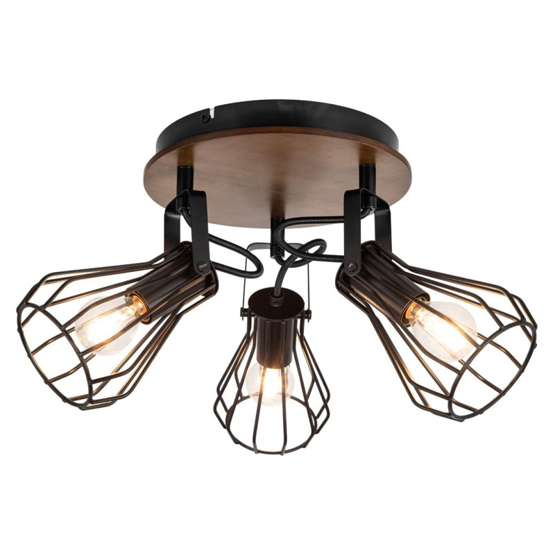 Kendan 3 Light Industrial Matt Black Wire Shade Spotlight with Wooden Backplate, 3xE14. Max. 10W LED (Bulb not included)