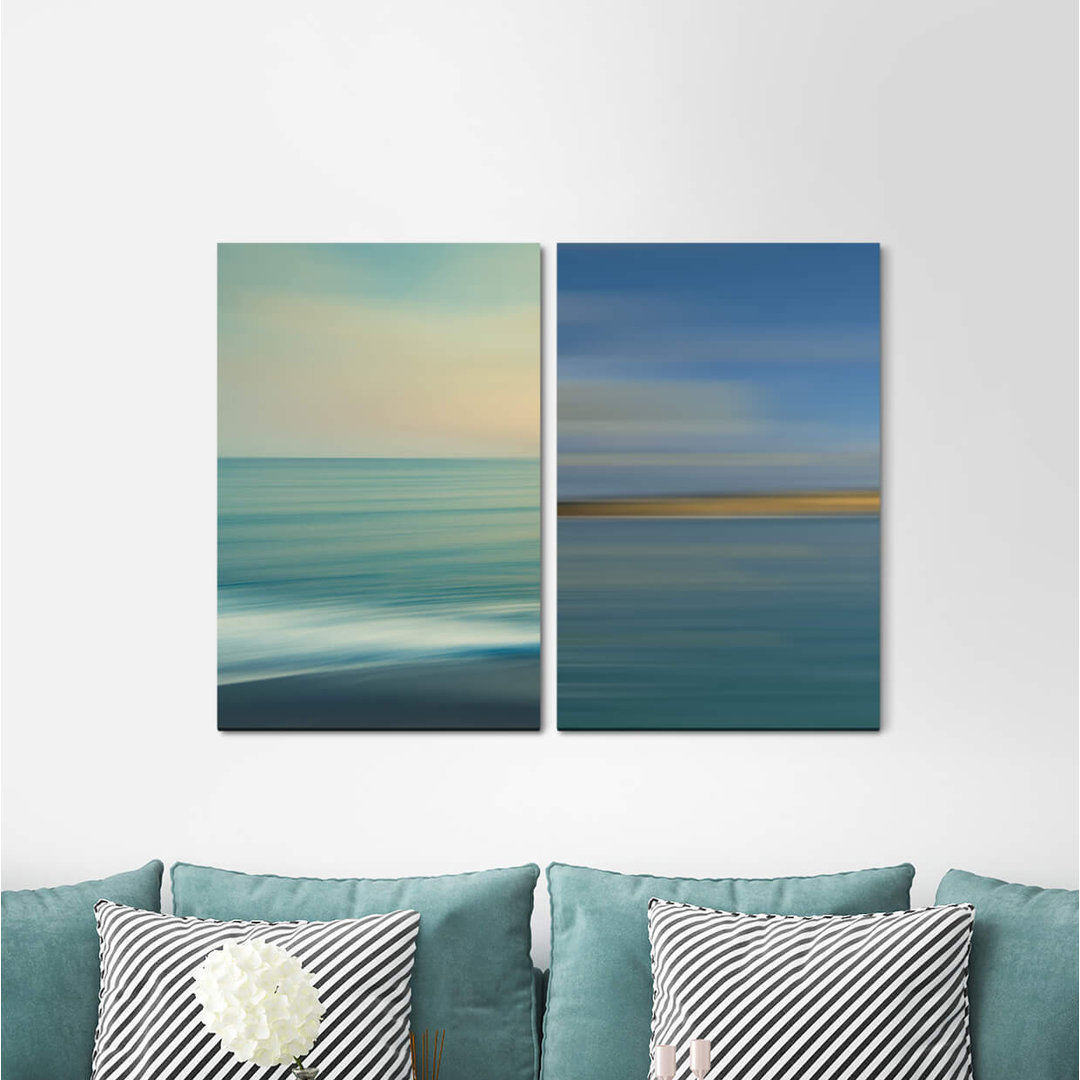 2-tlg. Leinwandbilder-Set - Grafikdruck „Sea Horizon Pastel Shades Calming Soft Blue Peaceful”