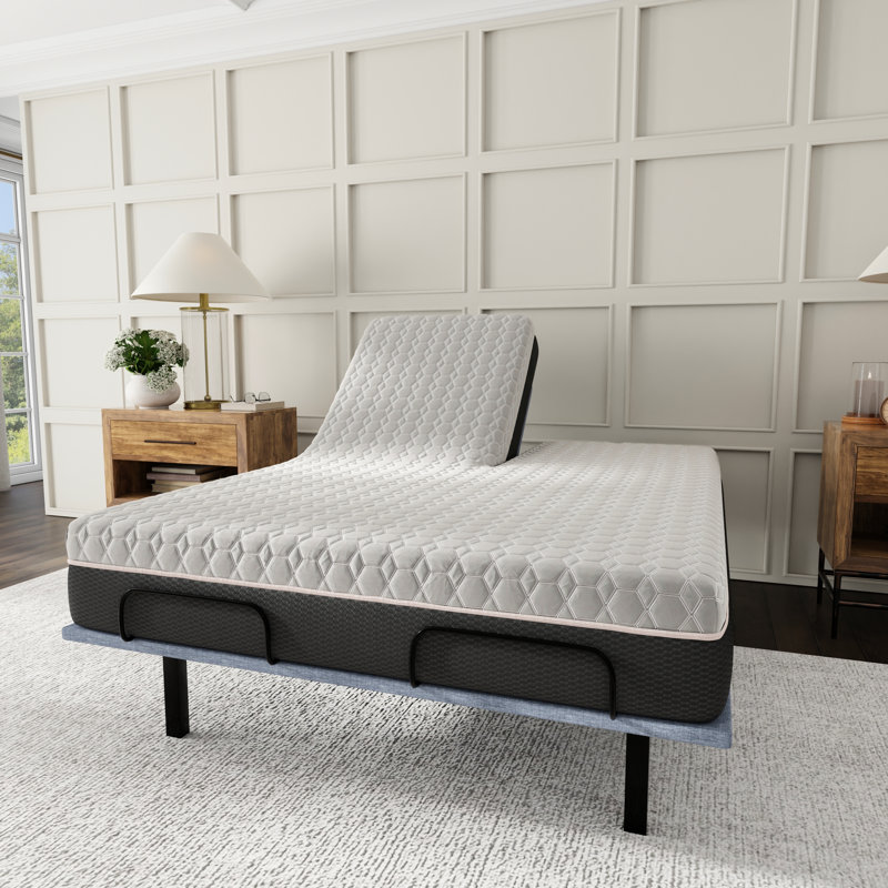 Lit très grand divisé, matelas de 12 po, cuivre, housse de refroidissement, couche souple de 1 po, ressorts ensachés de 6 po, support à haute densité, tissu noir et gris à changement de phase, noyau de ressorts, base de 2 po, mousse