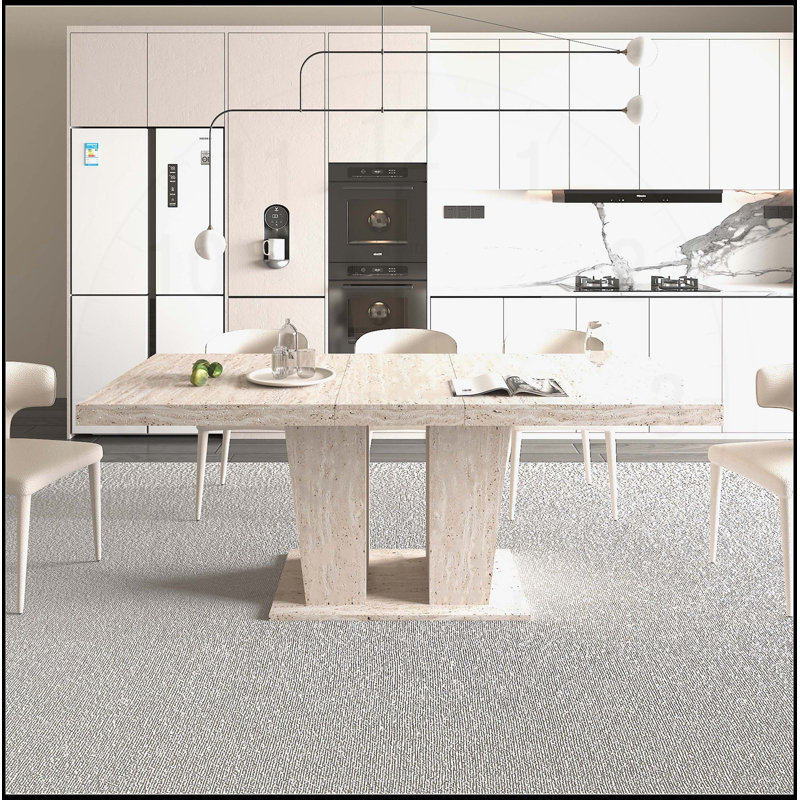Table de salle à manger rectangulaire extensible pour 6 à 10 personnes, motif de travertin veiné, design simple et élégant, 160 à 200 cm