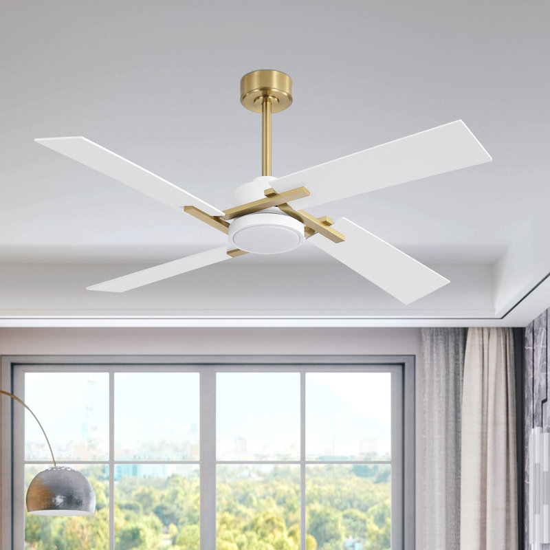 Ventilateur de plafond à 4 pales avec lumière DEL et télécommande Kyliegh, Doré, Blanc, 56 po de largeur