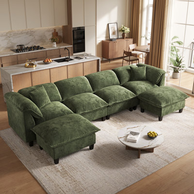  143.7" Chenille Modular Sectional Sofa With Storage Ottoman, Washable Cushion Covers, Padded Armrests, Extra-Thick Deep Cushions, Tool-Free Assembly, Green