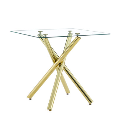 Table de bar dorée en verre trempé épais avec structure métallique croisée, idéale pour un bar à domicile ou un îlot de cuisine - Matériaux : verre, pieds aux bords arrondis pour une utilisation quotidienne en toute sécurité