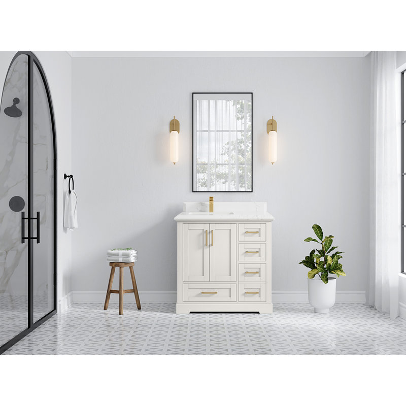 Boston 36 In. W X 22 In. D Left Offset Sink Bathroom Vanity In Alabaster With Cove Edge Quartz, Empira