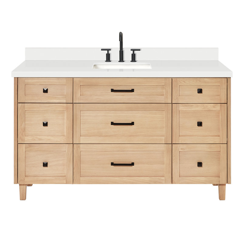ARIEL Monroe 61 Single Sink Bathroom Vanity with Pure Quartz Top, Matte Black, Oak, 61"
