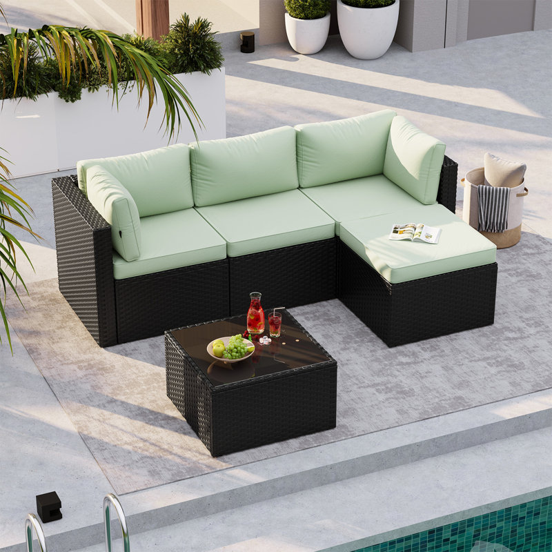 3-piece Outdoor Patio Conversation Set, Pe Rattan Wicker Seating Group With Ottoman & Coffee Table, Green