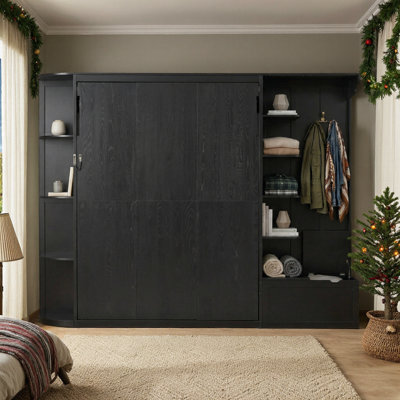 Smart Oak Finish Queen Murphy Bed with Storage Cabinets, Built-in LED Lights, Fold-Out Legs & Hook - Space Saving Wall Bed