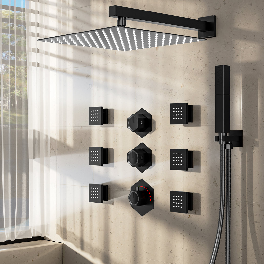 RelaxaJet Thermostatic Shower System 12" Wall Mounted High-Pressure Rainfall Shower Head with Handheld Shower,Body Jet EVERSTEIN 