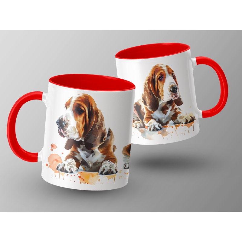 11oz Watercolour Basset Hound Design Coffee Mug, Red, 3