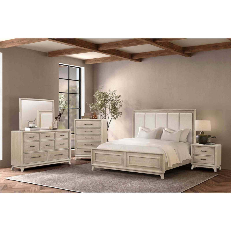 Lit Queen contemporain avec tête de lit matelassée et structure en bois d'hévéa massif, Très grand lit