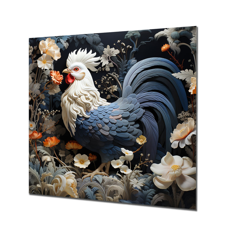 Coq dans un jardin de fleurs II, H 29 po x l 29 po