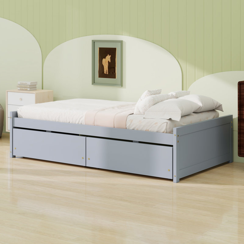 Lit en bois d'hévéa massif avec 2 tiroirs pour le rangement, Gris