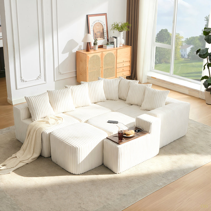 Canapé en U de 137,5 po, charge USB et sans fil, table basse avec porte-gobelet, canapé modulaire surdimensionné et mobile, repose-pieds mobile, sans assemblage, 6 sièges, velours côtelé