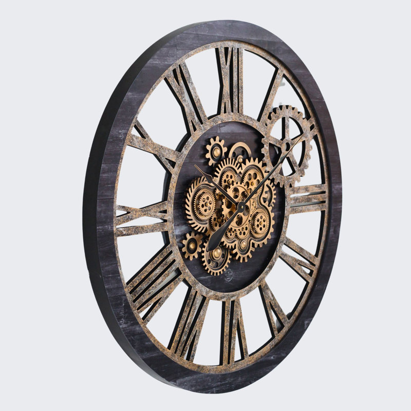 Wall Clock 36" Round Oversized for Living Room decor with Real Moving Gears America Collection, Vintage Black