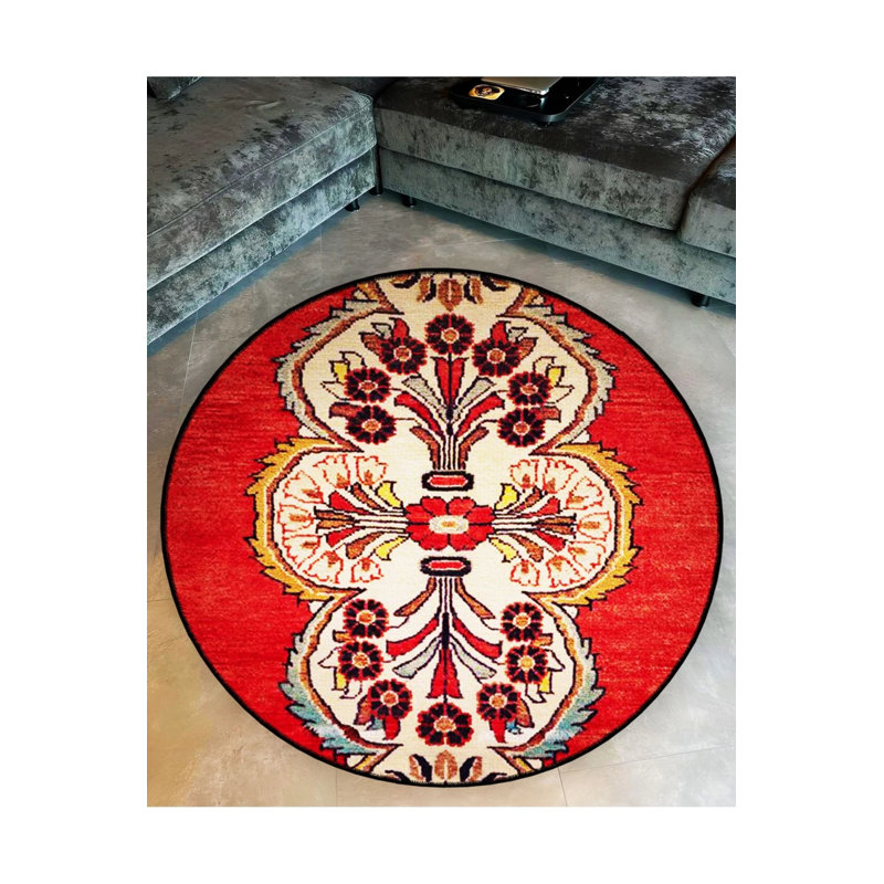Tapis décoratif rond beige à motif traditionnel sur fond rouge, Rond 2 pi 8 po